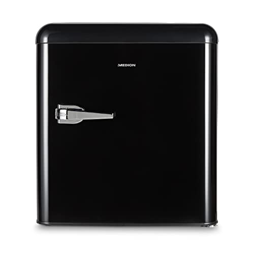 MEDION Mini Kühlschrank (Retro Design, 42L Nutzinhalt, 1 Glaseinlegeboden, manuelle Temperaturkontrolle, höhenverstellbare Füße, MD37171) schwarz