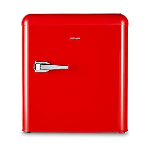 MEDION Mini Kühlschrank (Retro Design, 42L Nutzinhalt, 1 Glaseinlegeboden, manuelle Temperaturkontrolle, höhenverstellbare Füße, MD37171) rot