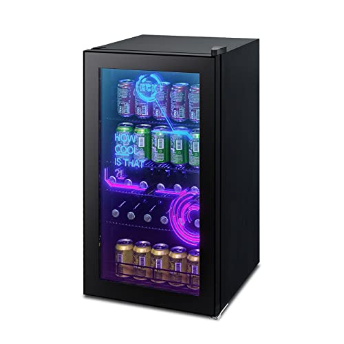 HCK Getränkekühlschrank, Kühlschrank mit Cyberpunk Modern Beleuchtung, Mini Kühlschrank 0-10°C, Bierkühlschrank 98 Liter,für Gamingzimmer, Party, Schwar