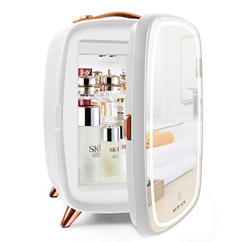 KFO Tragbarer gespiegelter Schönheitskühlschrank mit LED-Beleuchtung, 6 Liter tragbarer Minikühlschrank für Make-up, 4 Liter/6 Kann 3 LED Spiegel Licht Modus, für Make-up Storag