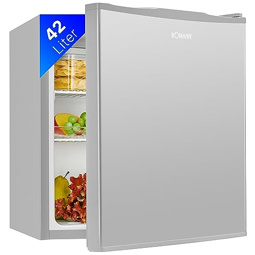 Bomann Mini Kühlschrank 42 Liter | Getränkekühlschrank klein für Büro, Camping und Gaming | kleiner Kühlschrank leise 39 dB | Minibar mit wechselbarem Türanschlag | 51x45x45 cm | KB 7346 inox