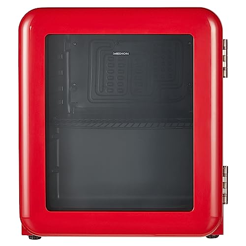MEDION Retro Mini Kühlschrank mit Glastür (Getränkekühlschrank, für Flaschen und Dosen, 48 Liter, Flaschenkühlschrank, höhenverstellbare Füße, MD37310) rot
