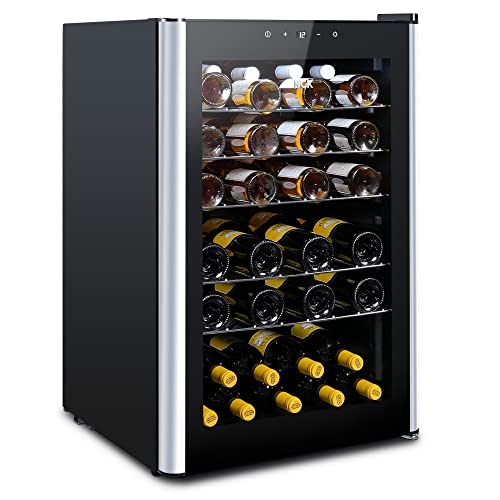 HCK Weinkühlschrank, 48 Flaschen, 115 Liter, Kühlzonen 4-22℃, Weinschrank mit Glastür, Vollglas-Designtür mit Touchpanel, Schwarz