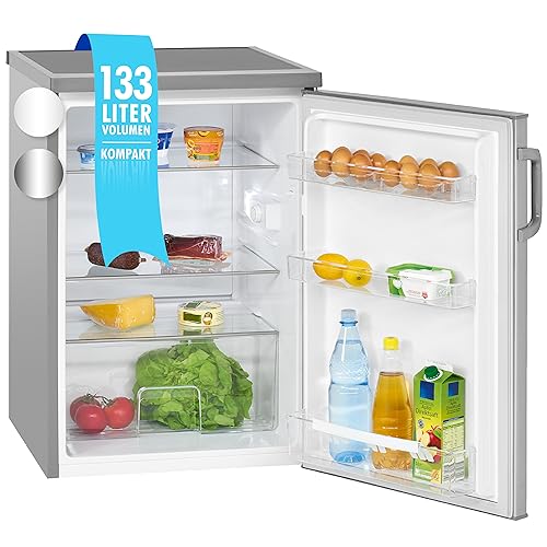 Bomann Kühlschrank ohne Gefrierfach mit 133L Nutzinhalt und 3 Ablagen | Kühlschrank klein mit Gemüsefach & wechselbarem Türanschlag | Tischkühlschrank leise mit LED Innenbeleuchtung | VS 2195.1 inox